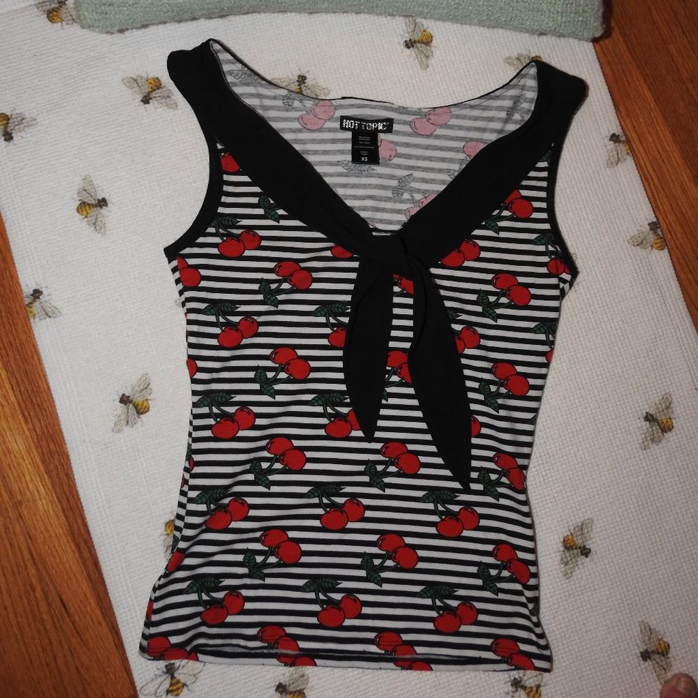 Hot Topic Black & White Striped Top with Cherries, XS...C1024